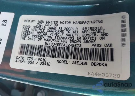 2010 Toyota Corolla Le from USA, damaged, VIN 1NXBU4EE2AZ249673